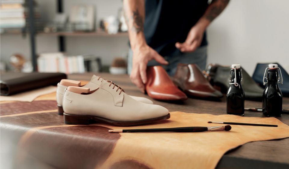 Shoes on a cowhide.