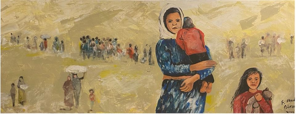 Mensen en kinderen in Afrin (Syrië) vluchten voor de oorlog en lopen dagenlang hongerig en dorstig onder de zon.