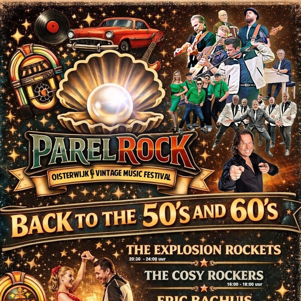 Kleurrijke affiche met schelp met parel, diverse artiesten en taferelen uit de 50- en 60er jaren en veel tekst met info over de voorstelling.