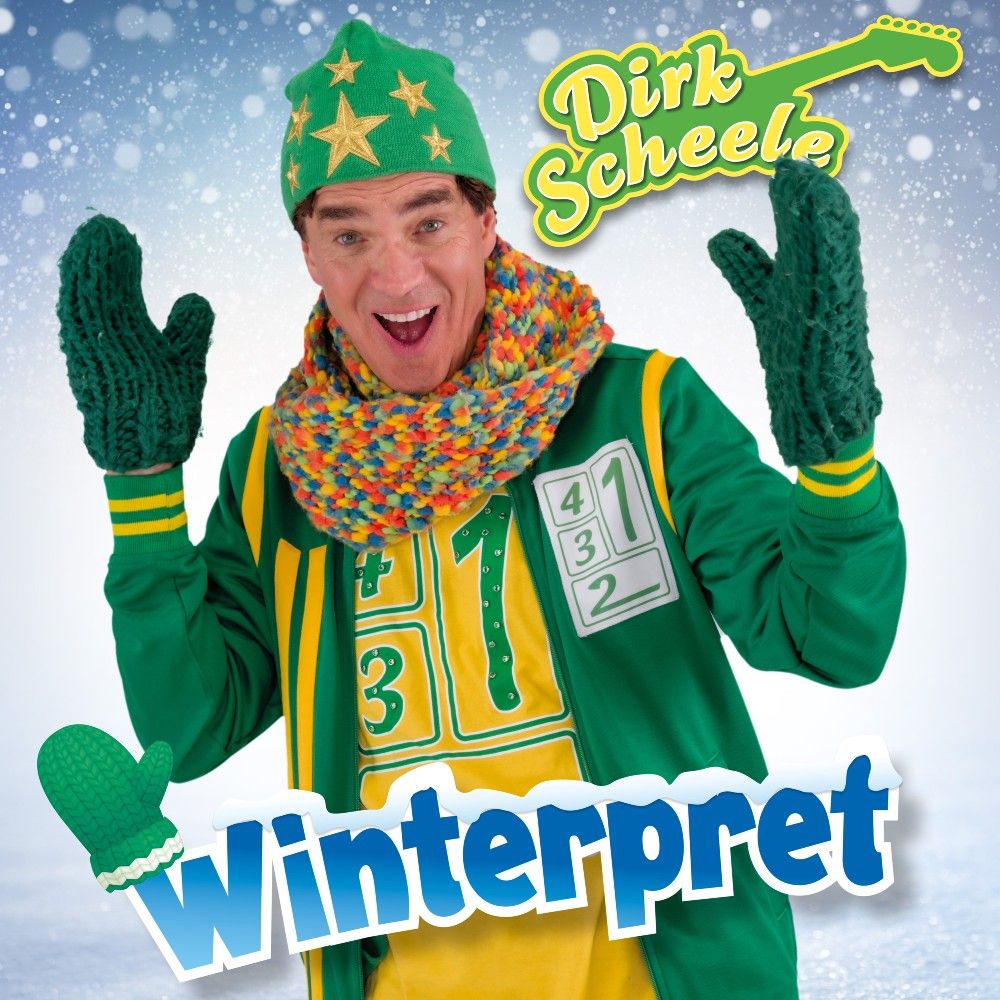 Foto van Dirk in groene jas met gele accenten, dito muts en groene wanten en met een veelkleurige shawl om.