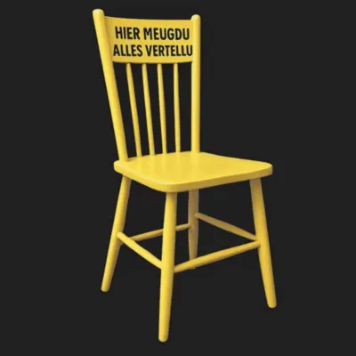 stoel met Hier meudu alles vertellu