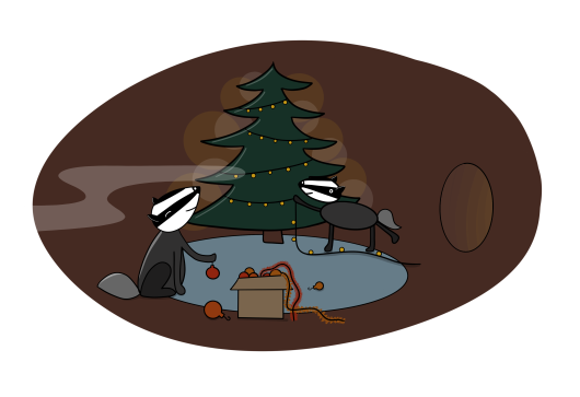 De Dasjes Nova en Mees tuigen de kerstboom op in de dassenburcht