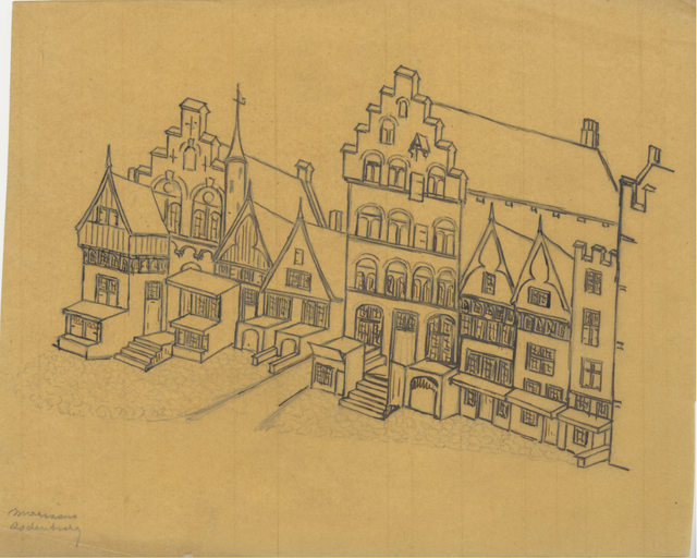 De twee stadskastelen aan de markt. Helemaal links de Moriaan en een paar huizen verder de Roodenburg