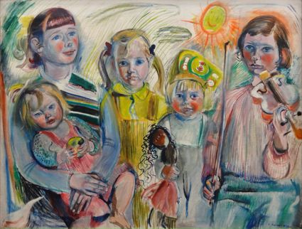 Schilderij 'De vijf dochters' van Elisabeth Eskes-Rietveld