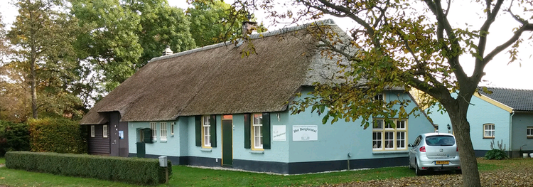 Historische boerderij met lichtblauwe muren, rieten kap. De voordeur en luiken zijn donkergroen. Grasveld en boomrijk en er staat een zilvergrijze auto aan de zijkant geparkeerd.