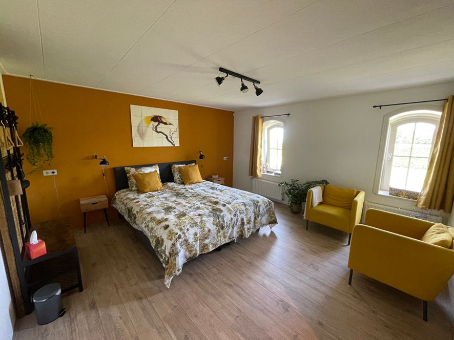 De gele kamer heeft een kingsize boxspring. De badkamer is voorzien van een comfortabele douche, toilet en wastafel.