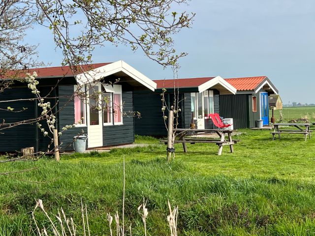 Drie trekkershutten naast elkaar op Camping Flapper in Gaastmeer.