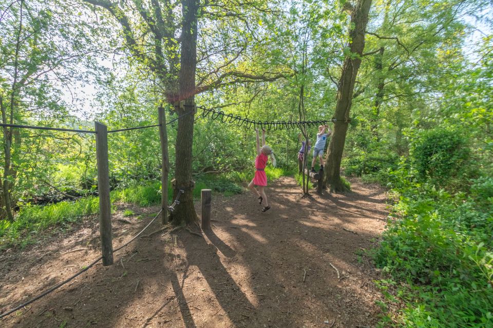 Kinderen balanceren over een houten balk en hangen aan een speeltoestel in het bos.