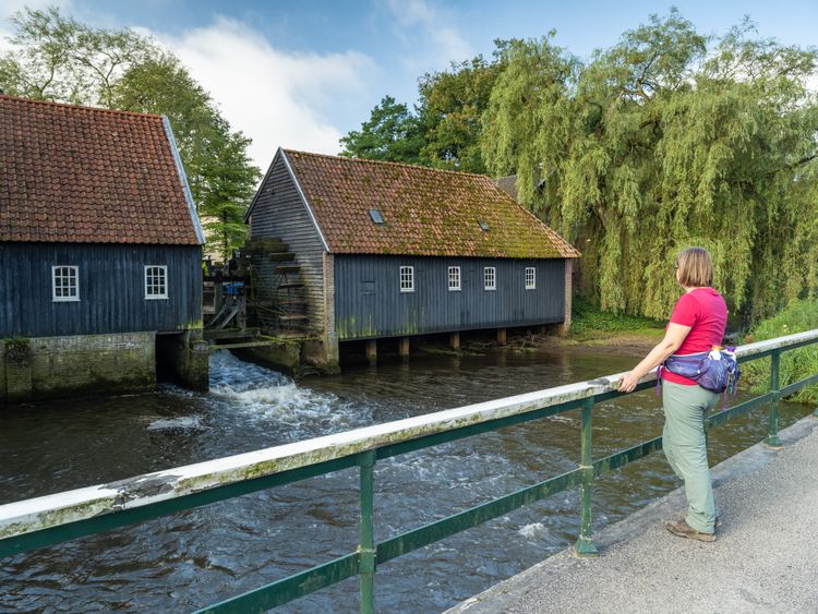 Een wandelaar die kijkt naar een watermolen.