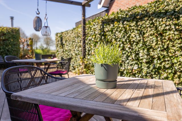 Eigen entree, een gezamenlijke tuin met terras en wijd uitzicht over de Friese landerijen. En als de avond valt, stap je in de hottub en laat je de dag van je afglijden.