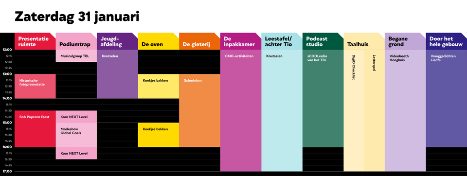 Het blokkenschema van de planning van de opening van zaterdag 31 januari