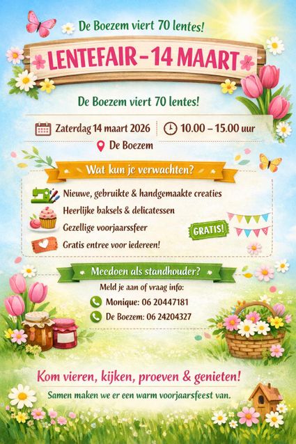 Poster Lentefair De Boezem in Oudewater, Groene Hart, aankondiging van voorjaarsmarkt op 14 maart 2026 met informatie over kramen met handgemaakte creaties, tweedehands spullen, bakproducten en gratis entree tijdens.