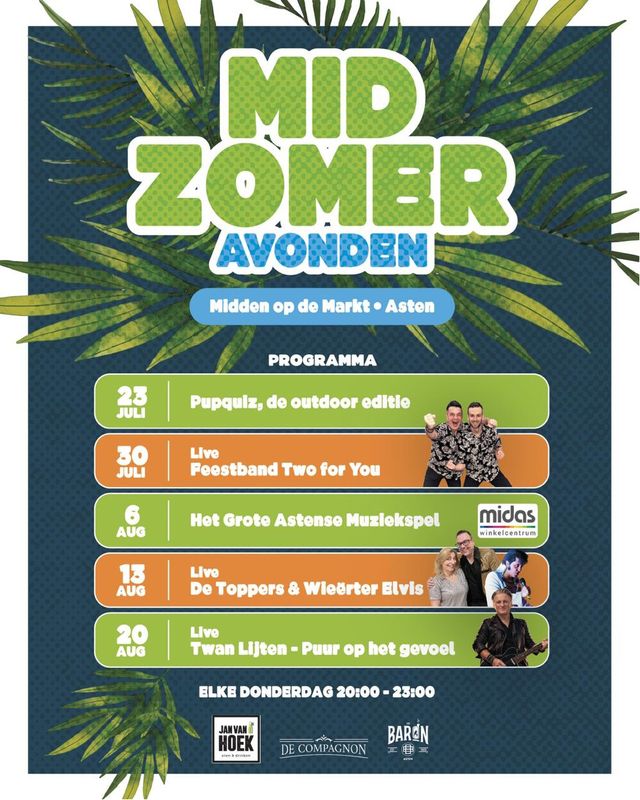 Kom op donderdagavond gezellig naar Asten. Het is FEEST op de Markt. Iedere week een ander optreden of spel. Geniet van de muziek met een drinkje en een hapje.