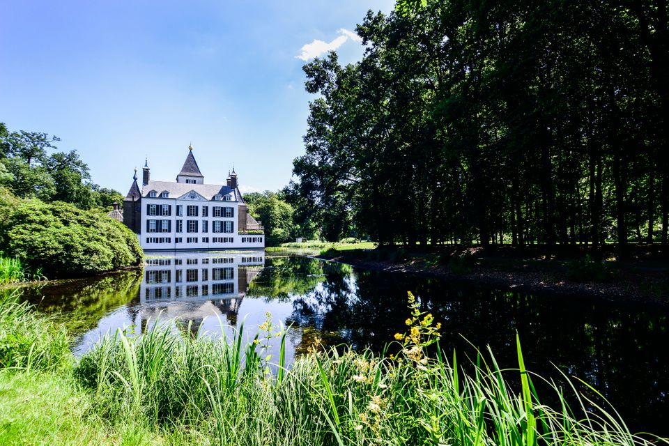 Kasteel Renswoude aan de vijver, omringd door groen en met een duidelijke weerspiegeling in het water. De foto toont het historische kasteel en de parkachtige omgeving van het landgoed.