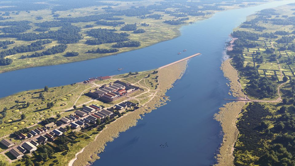 Impressie van de dam van Drusus die het water van de Waal en Rijn scheidde. Op de voorgrond een fort, Carvium.