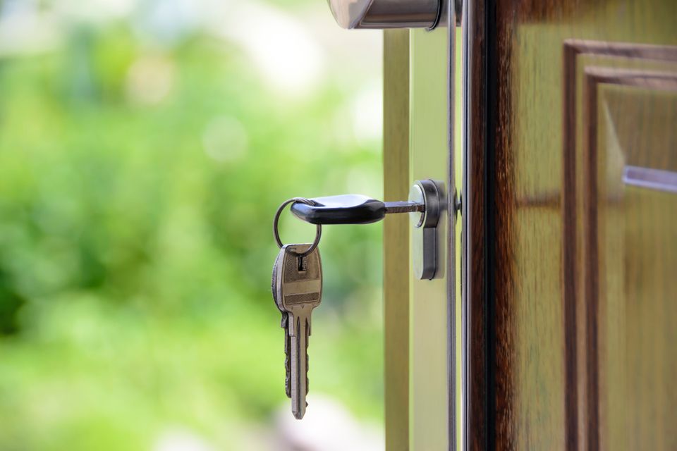 Keys in a door.