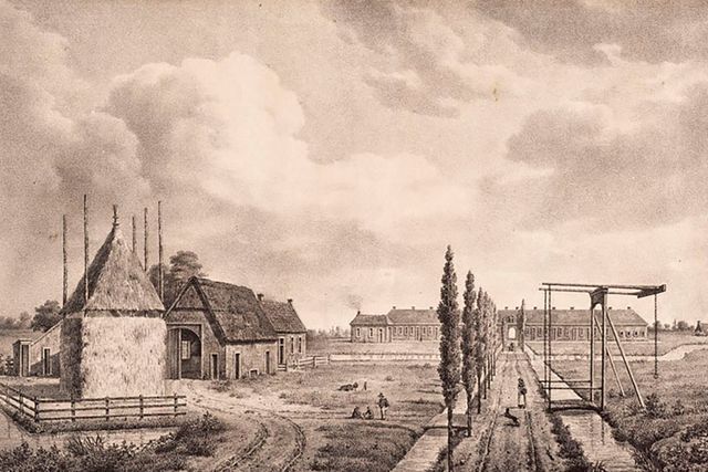 Een oude tekening van het Eerste Gesticht in Veenhuizen.