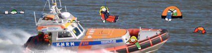 Foto van een reddingboot van de KNRM met illustraties van poppetjes met reddingvesten.