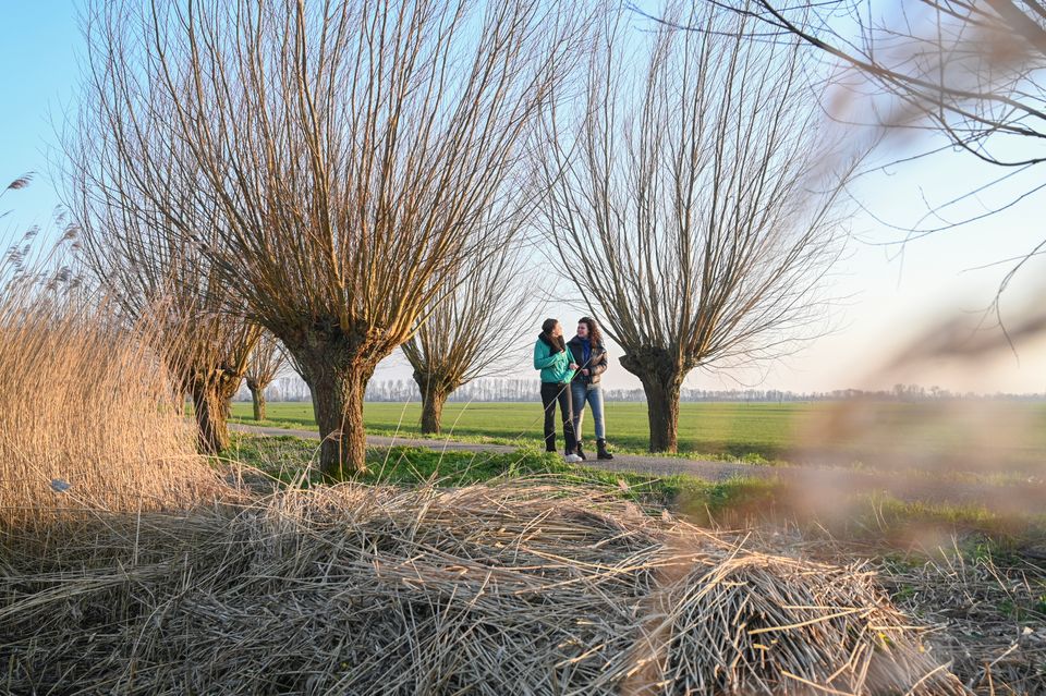 Natuurgebied Utrechtse Waarden bij Woerden, Groene Hart, twee vrouwen wandelen over een dijkpad langs knotwilgen en rietkragen in open polderlandschap tijdens winterwandeling.