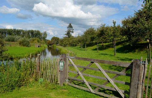 Een groen natuurgebied met een houten hek ervoor, het lijkt een startpunt van een wandeling. In de natuur een bunker.