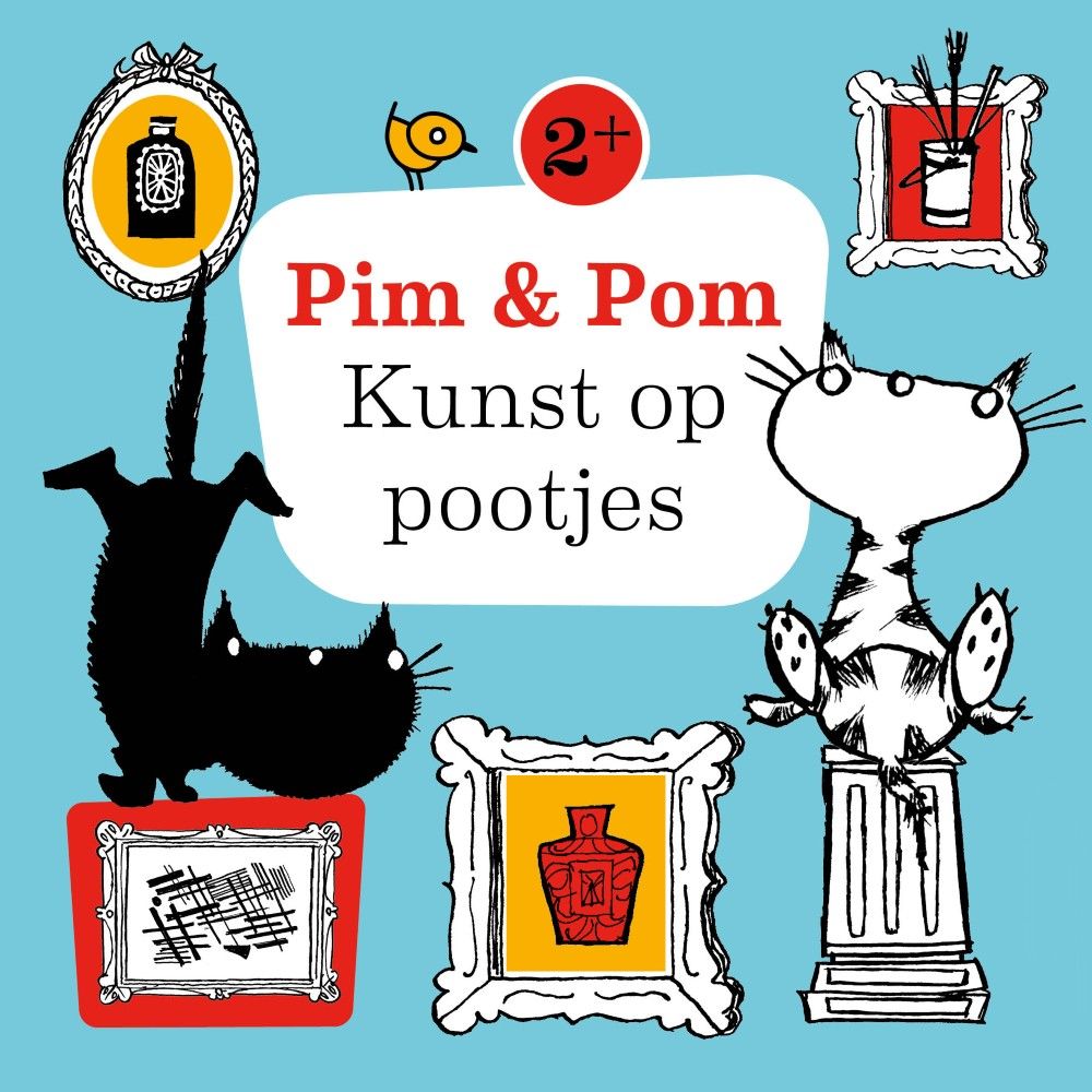 Getekend door Fiep Westendorp: 2 poesjes met om hen heen schilderijtjes in zwart-wit-rood en geel tegen een lichtblauwe achtergrond.