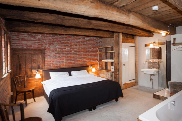 Wohnung in altem Bauernhaus mit alten Balken im Zimmer, einem Bett und einem Bad im Zimmer.
