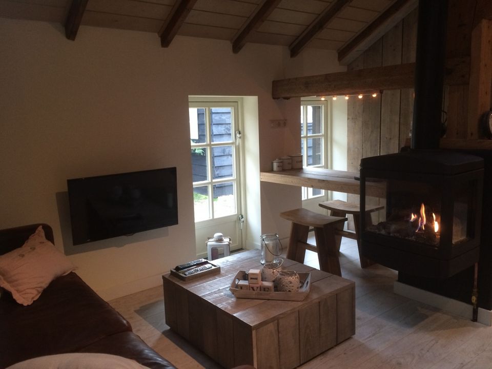 Foto van een woonkamer van een appartement met open haard en TV in de Rozephoeve in Oisterwijk.