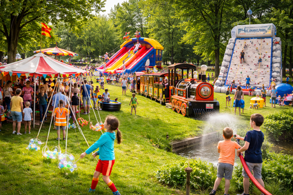 Kinderen spelen en klimmen op attracties tijdens Pret in het Park in het Stadspark van Montfoort met springkussen, klimwand en treintje.