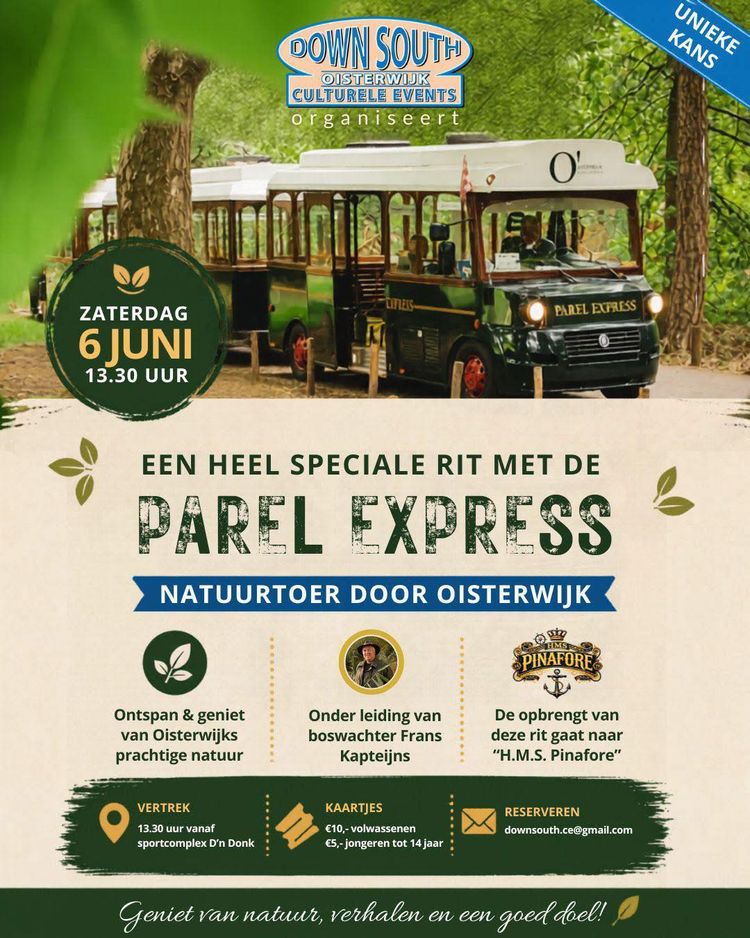 Affiche in groene tinten van de natuurtoer met informatie en een foto van het treintje van de Parel Express.