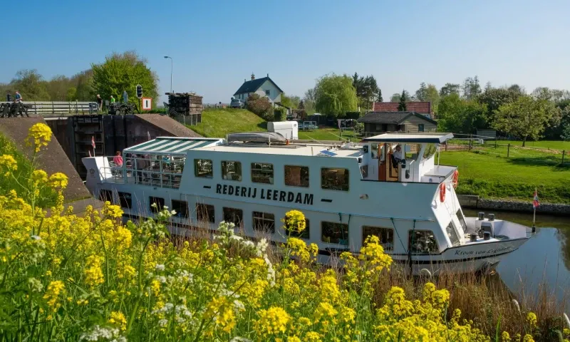 Foto van een lentelandschap met een cruiseschip