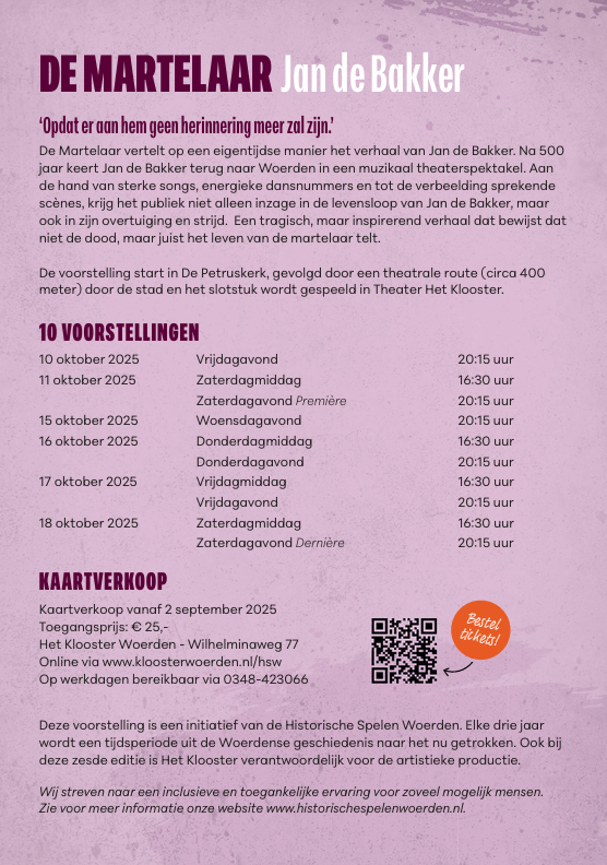 A5-flyer achterkant voor muziektheater De Martelaar – Jan de Bakker (Historische Spelen Woerden) met speellijst van 10 t/m 18 oktober 2025; start in de Petruskerk; ticketinfo €25 via kloosterwoerden.nl/hsw.