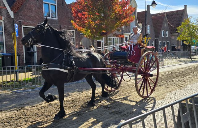 Vrouw in kledendracht op een rijtuig met Fries paard tijdens de concours van de Veekeuringsdag in Workum.
