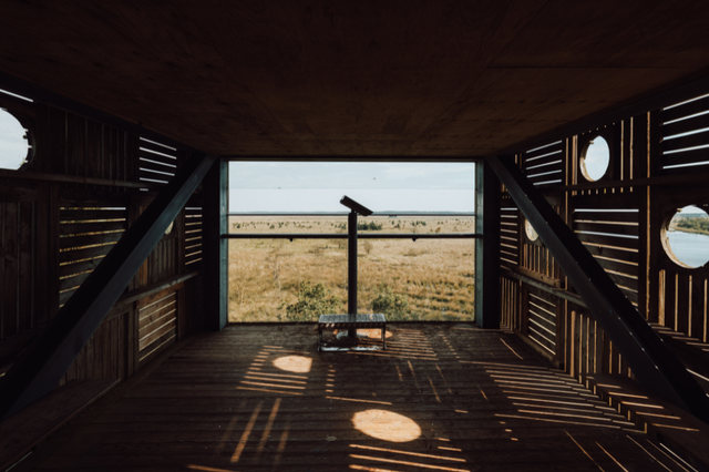 De binnenkant van de uitkijktoren met uitzicht over het Fochteloërveen en een verrekijker