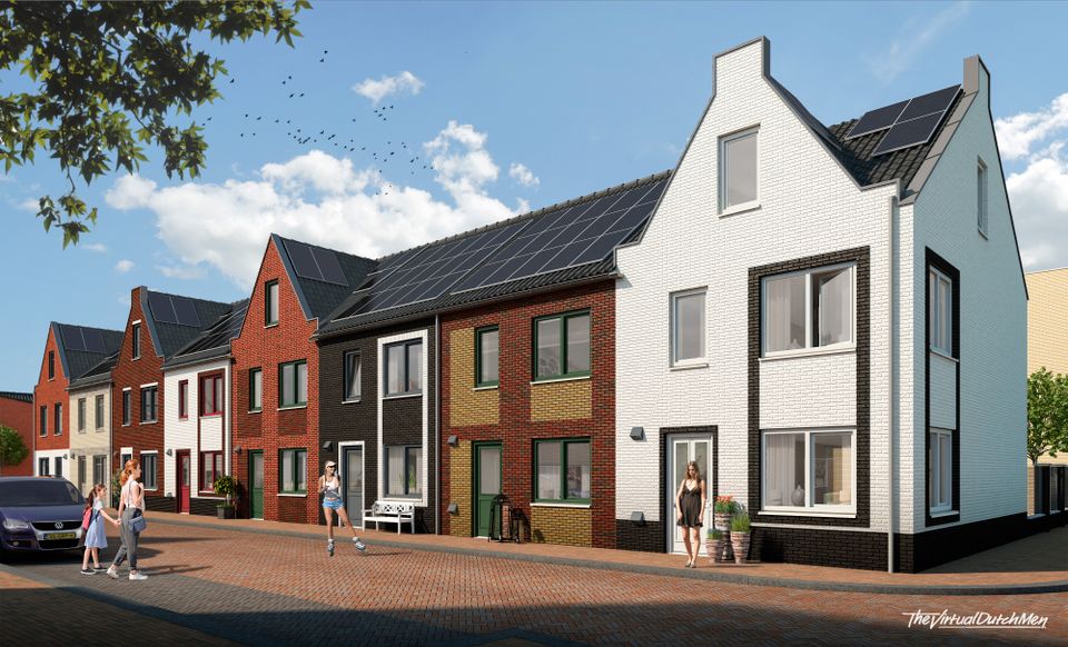 Vooraanzicht van rijtjeswoningen in Parkwijk Lelystad in Flevoland