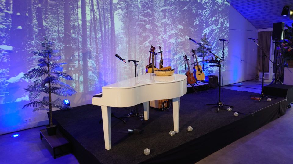 Concertpodium met witte vleugel, microfoons en gitaren in winterdecor met verlichte sneeuwbomen bij Kameryck