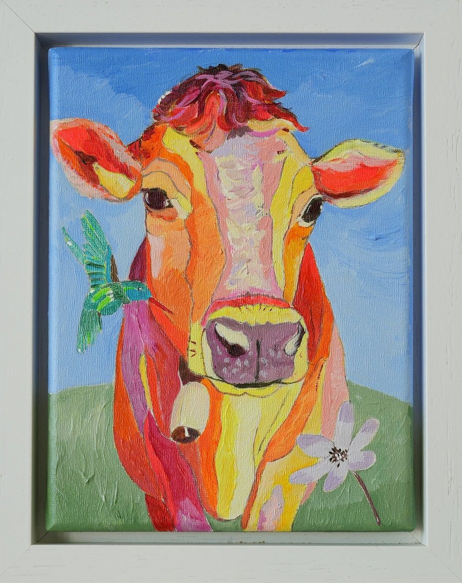 Schilderij Koe met kolibrie mooie voorjaarsdag