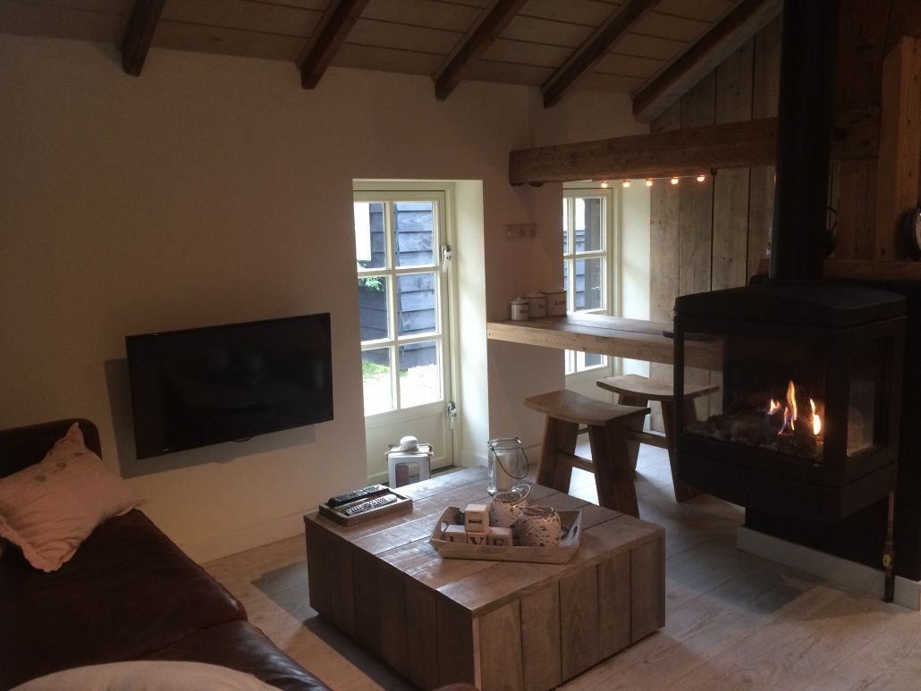 Foto van een woonkamer van een appartement met open haard en TV in de Rozephoeve in Oisterwijk.