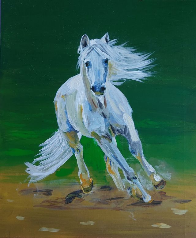 Schilderij van een wit paard door Frieda Woldhek