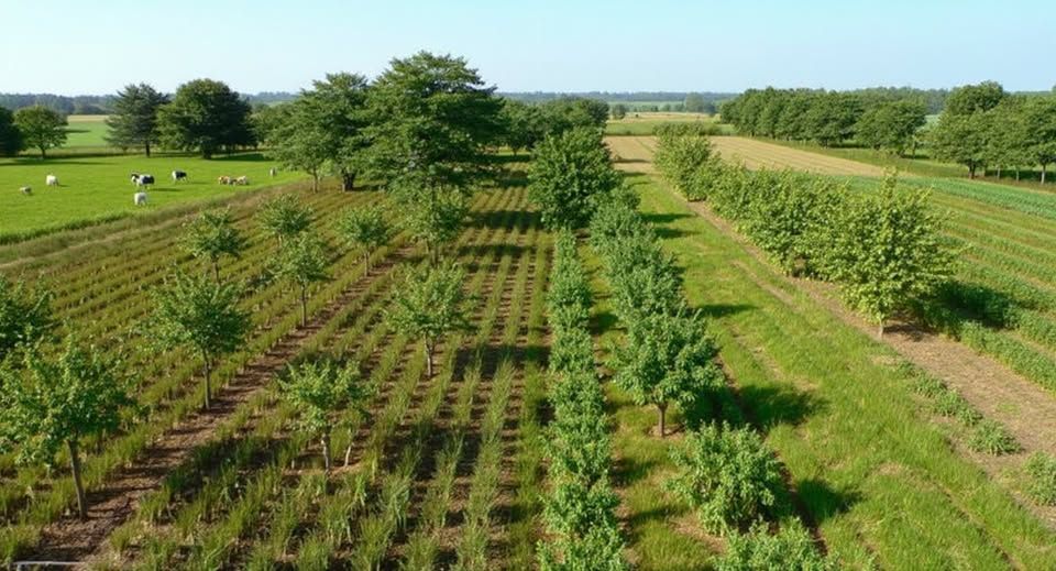 landschap met boomkwekerij en koeien