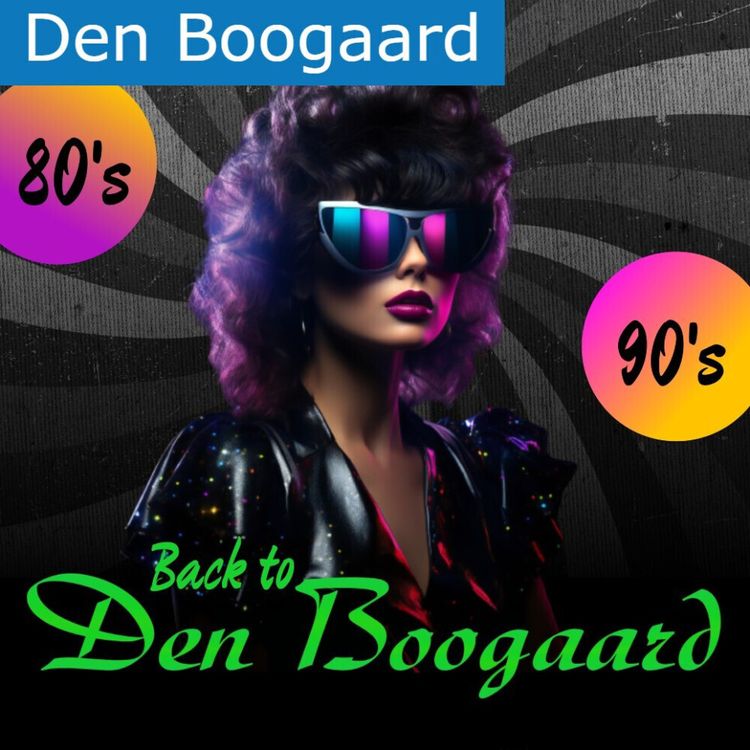 Affiche met daarop een foto van een vrouw met een roze/blauwe zonnebril in glanzend zwarte kleding. Er omheen staan de letters 80's en 90's.