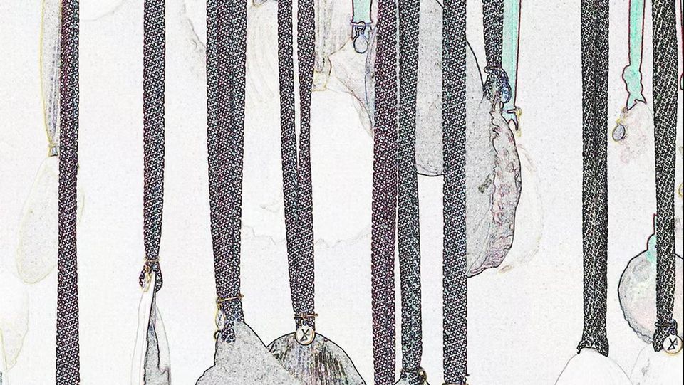 Tekening met koorden in zwart, grijze en lichtgroene tinten. Aan deze koorden hangen zakken in verschillende vormen.