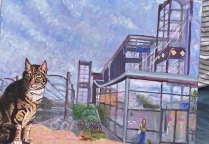 Kunstwerk met een kat en een gebouw in Woerden, onderdeel van de tentoonstelling Woerdenismen van Kunstkring Woerden.