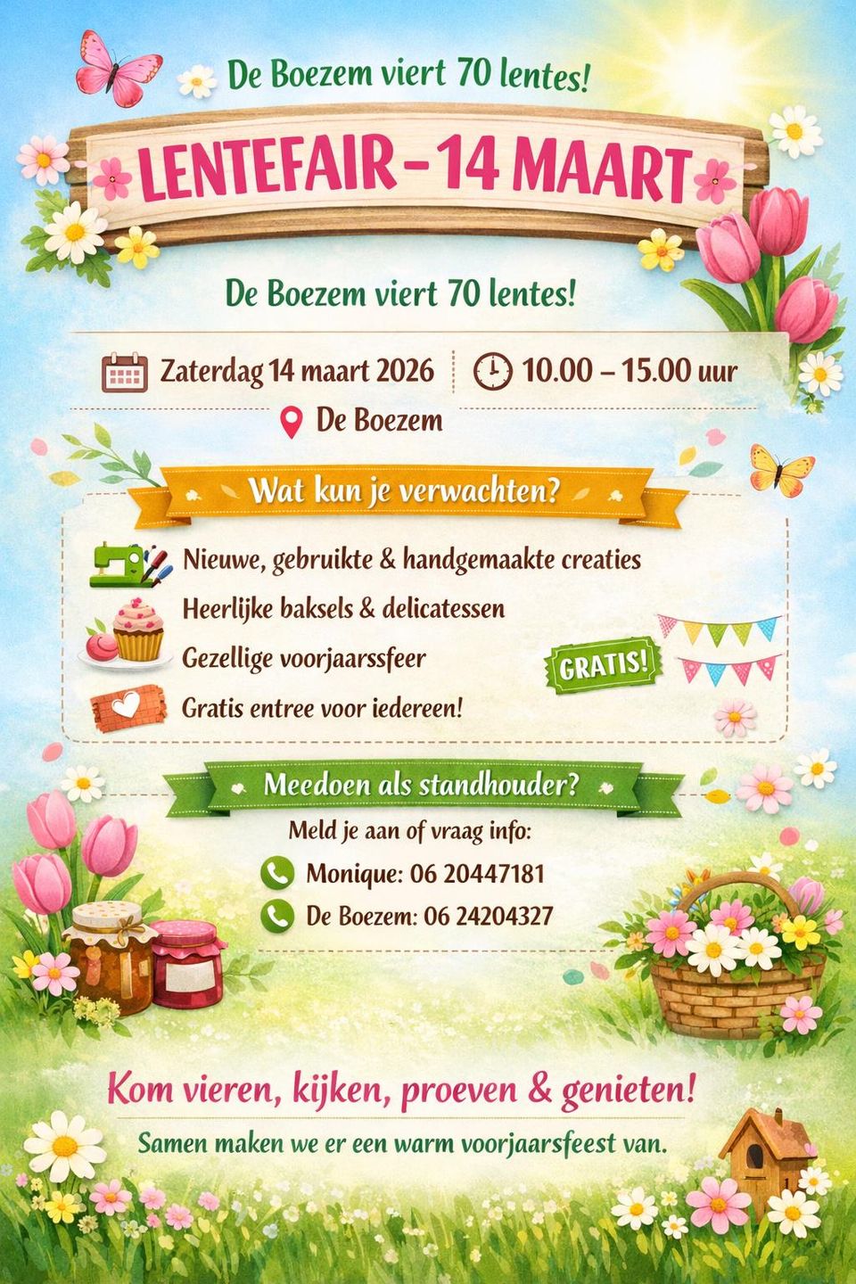 Poster Lentefair De Boezem in Oudewater, Groene Hart, aankondiging van voorjaarsmarkt op 14 maart 2026 met informatie over kramen met handgemaakte creaties, tweedehands spullen, bakproducten en gratis entree tijdens.
