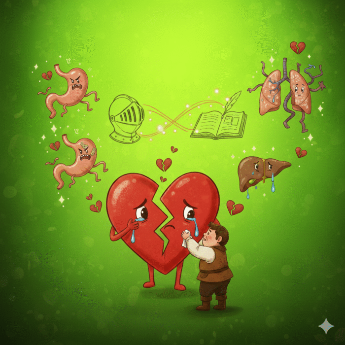 Illustratie met een gebroken rood hart dat huilt, terwijl een klein figuur het probeert te troosten. Rondom zweven organen zoals maag, longen en lever met verdrietige gezichten. Symbolische voorstelling van liefdesverdriet en emotionele pijn.