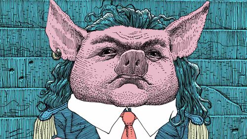 Een getekende afbeelding van een varken in een pak