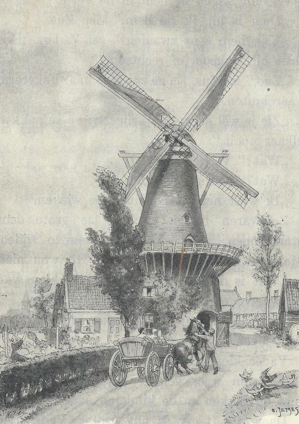 Tekening van Korenmolen Windlust in het zwart wit in Wassenaar