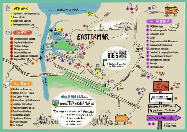 Getekende dorpskaart van Eastermar met winkels, eten, slapen en te doen. Ook als PDF op www.tip-eastermar.nl