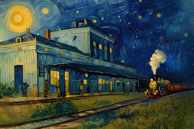 Schilderij van het oude station in Hoogeveen in Van Gogh stijl.