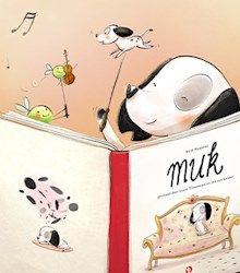 Kinderboek over Muis met illustratie van zingende hond en muis, prentenboek met dierenverhaal en muzieknoten in warme pastelkleuren.