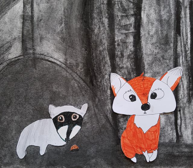 Houtskool en pastelkrijt, dieren in het bos